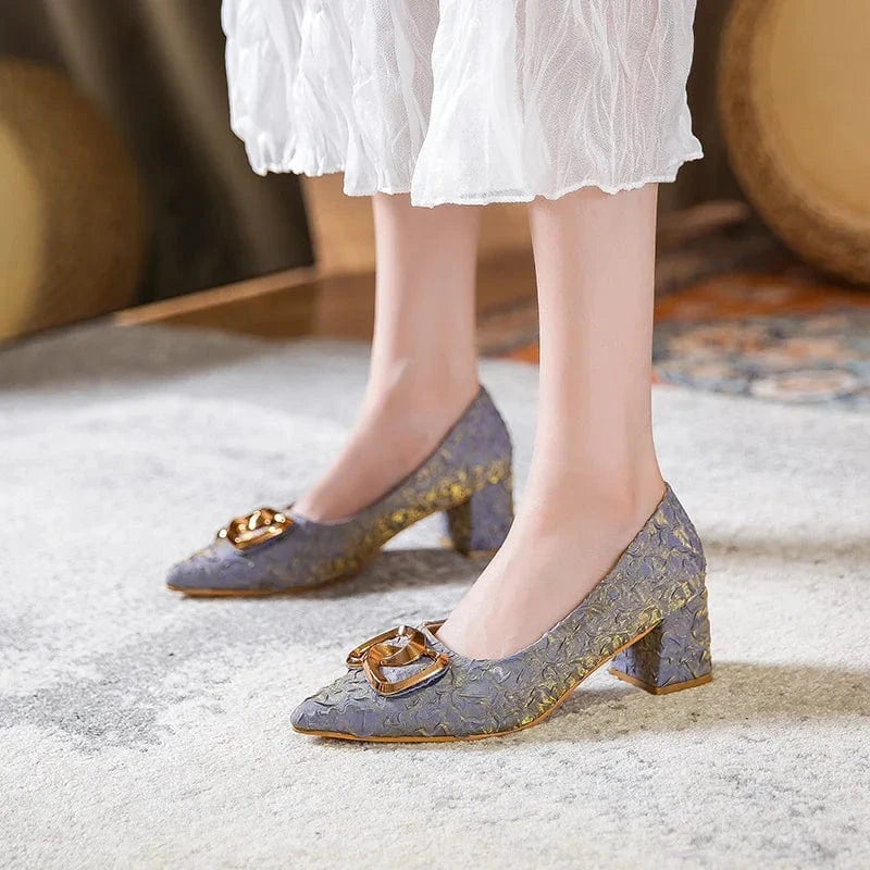 Fashion Women New Point Toe Buckle Silks Mujer Block Heels Heel 5cm Outside Shallow Mid Heel Ladies Shoes