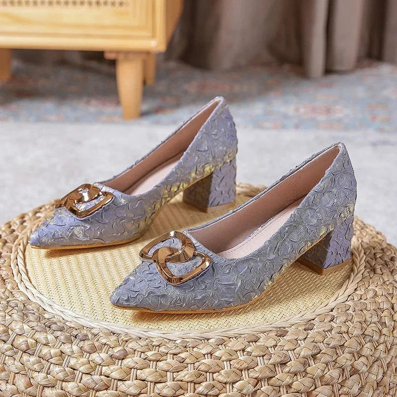 Fashion Women New Point Toe Buckle Silks Mujer Block Heels Heel 5cm Outside Shallow Mid Heel Ladies Shoes