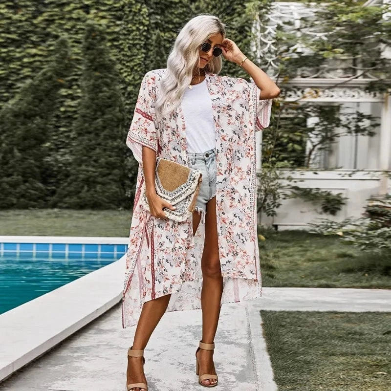 Fashion Women's Beach Cover Ups Bohemian Kimono Floral Print Summer Beach Casual Loose Cardigan Swimwear Cover Up