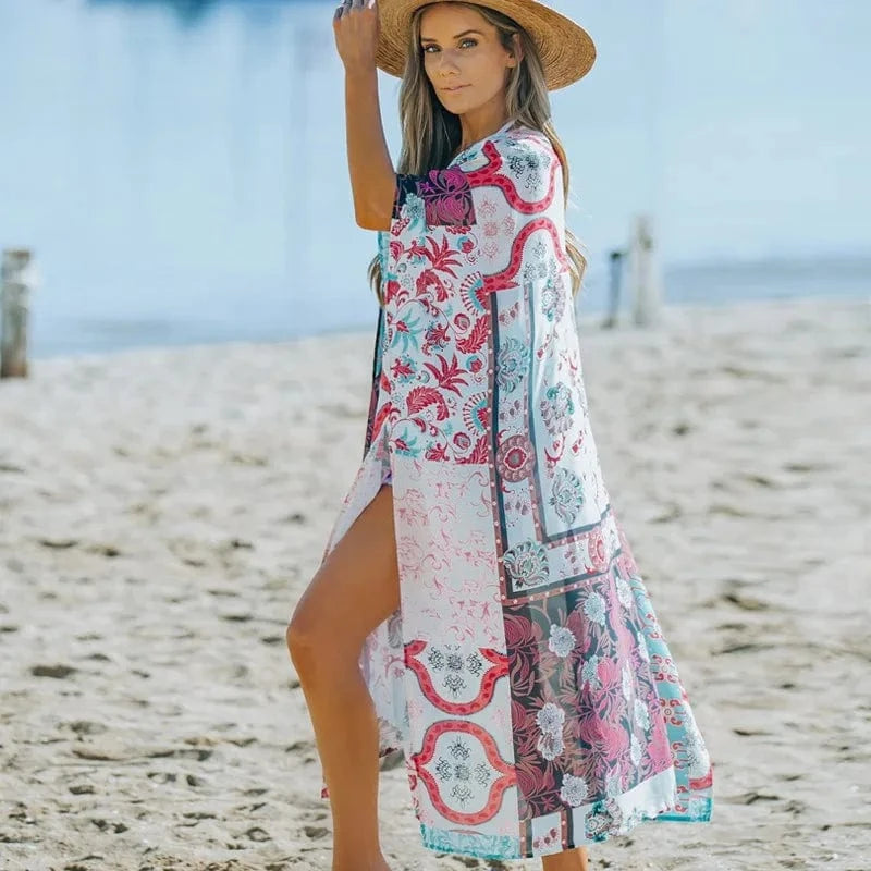 Fashion Women's Beach Cover Ups Bohemian Kimono Floral Print Summer Beach Casual Loose Cardigan Swimwear Cover Up