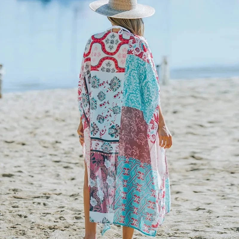 Fashion Women's Beach Cover Ups Bohemian Kimono Floral Print Summer Beach Casual Loose Cardigan Swimwear Cover Up