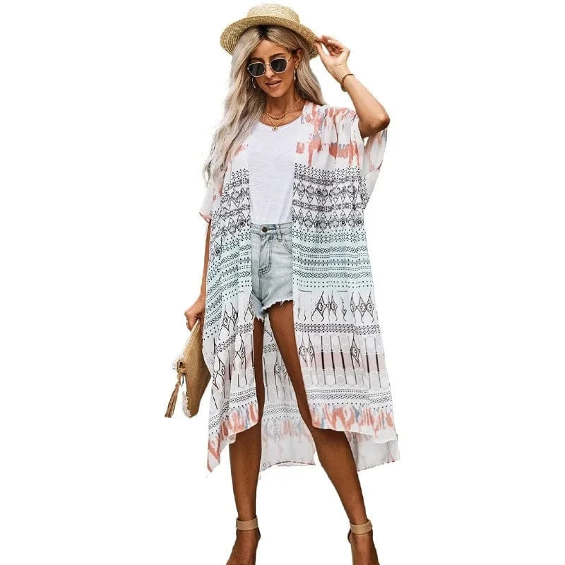 Fashion Women's Beach Cover Ups Bohemian Kimono Floral Print Summer Beach Casual Loose Cardigan Swimwear Cover Up