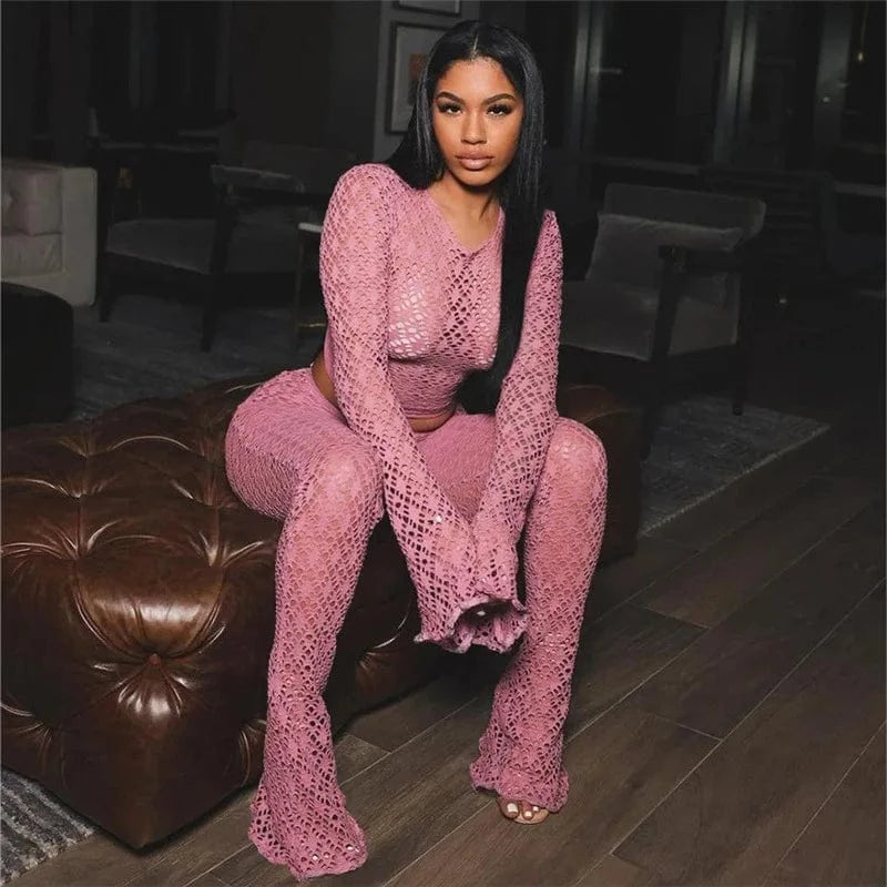 Fashion Women's Clothing See Through Flare Pants 2 Piece Set Casual Outfits for Woman Navel Two Pieces Set