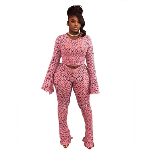 Fashion Women's Clothing See Through Flare Pants 2 Piece Set Casual Outfits for Woman Navel Two Pieces Set