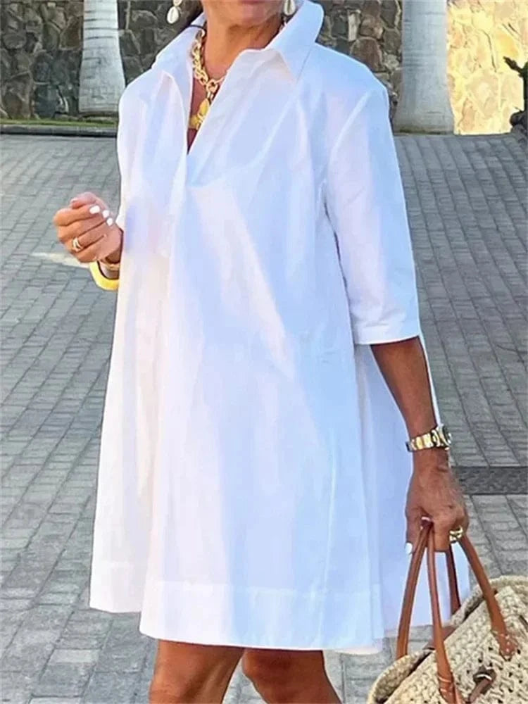 Fashion Women's White Shirt Dress Summer Half Sleeves Loose Solid Color Lapel Loose Casual Deep V-neck Mini Dresses