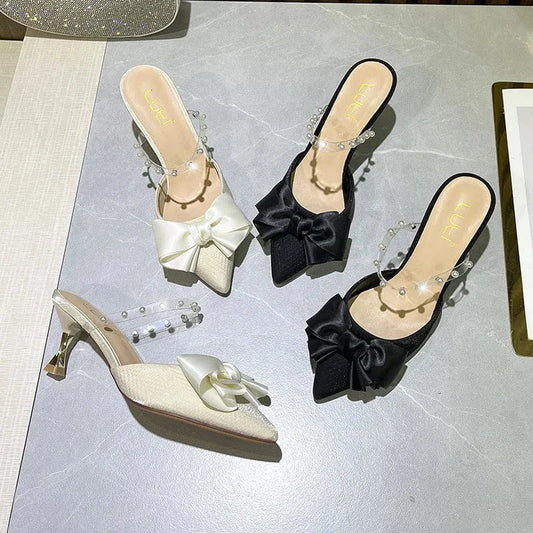 Fashion Women Shallow Bowknot Sandal Slippers New Summer Female T-strap Pearls High Heel Pumps