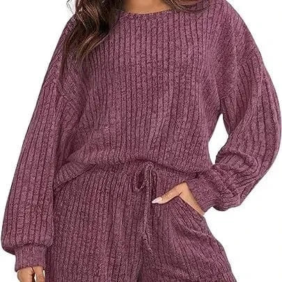 Fashion Women Solid Color Casual Loose 2 Piece Home Set Drawstring Design Pockets Decor Mid Waist Shorts+O-Neck Long Sleeve Top