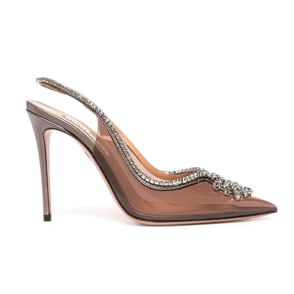 Fashion Women Spring Summer PU Transparent Sandals Point Toe Rhinestone Chain Ladies High Heels Stilettos