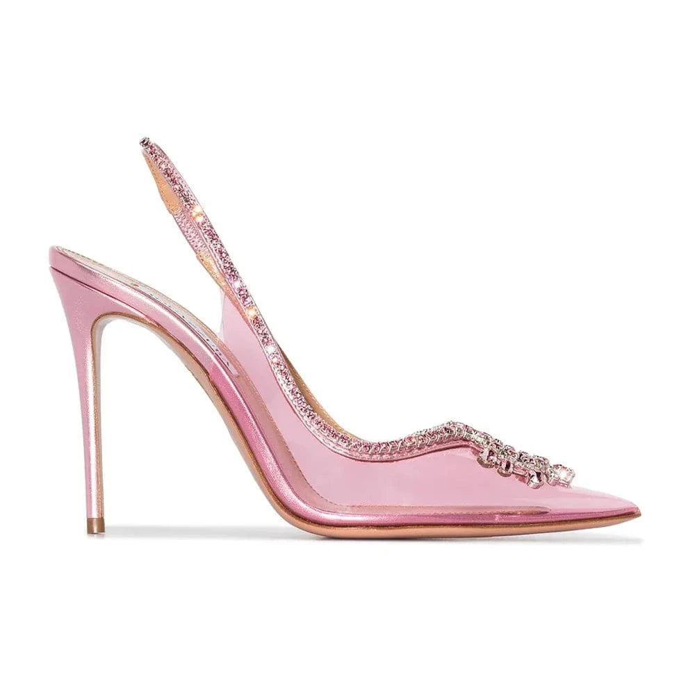 Fashion Women Spring Summer PU Transparent Sandals Point Toe Rhinestone Chain Ladies High Heels Stilettos