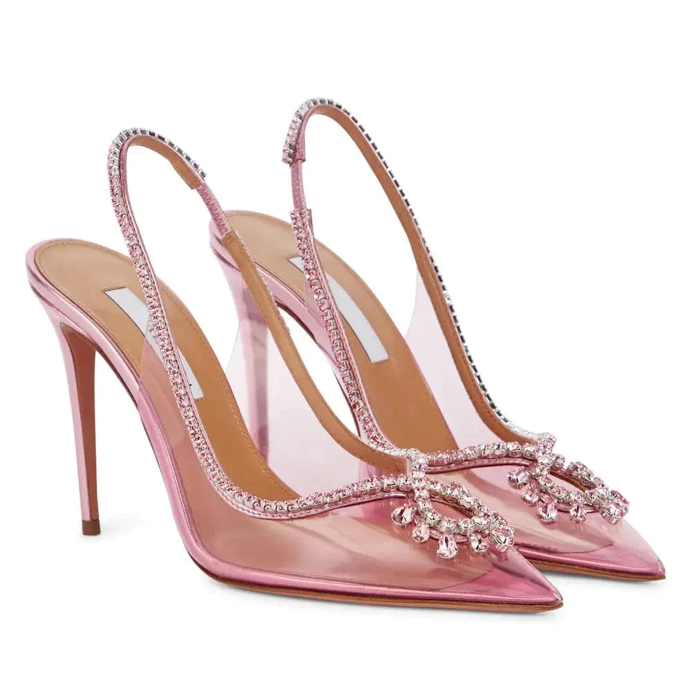 Fashion Women Spring Summer PU Transparent Sandals Point Toe Rhinestone Chain Ladies High Heels Stilettos