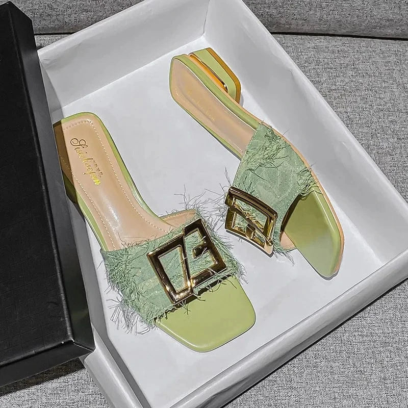Fashion Women Summer Autumn Slippers Square-toe Buckle Female Low Heels Outside Beach Ladies Sandals