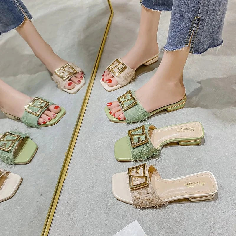 Fashion Women Summer Autumn Slippers Square-toe Buckle Female Low Heels Outside Beach Ladies Sandals