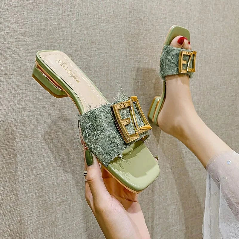 Fashion Women Summer Autumn Slippers Square-toe Buckle Female Low Heels Outside Beach Ladies Sandals