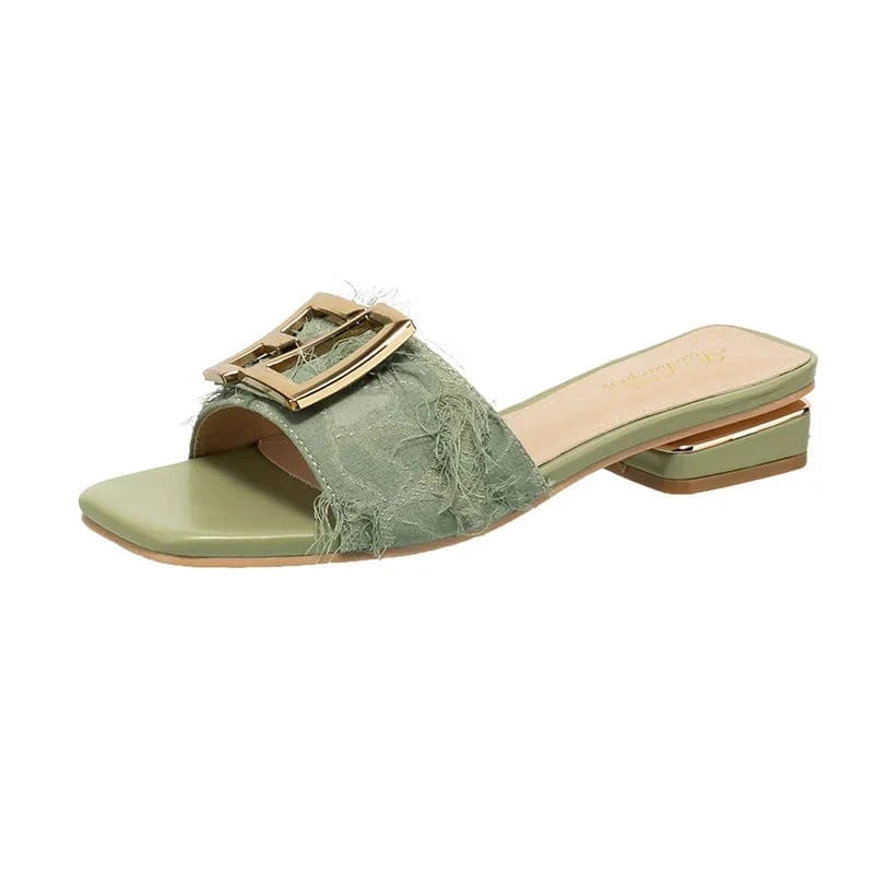 Fashion Women Summer Autumn Slippers Square-toe Buckle Female Low Heels Outside Beach Ladies Sandals