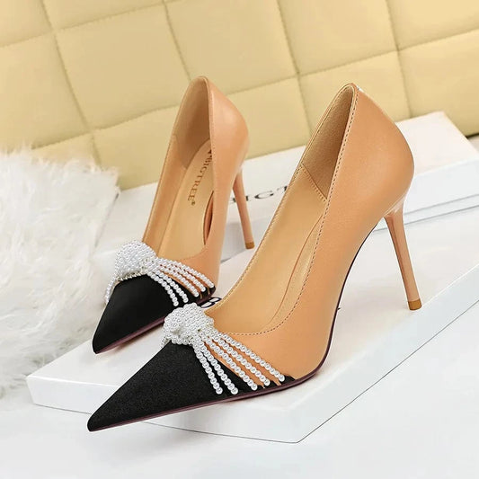 Fashion Zapatos Tacones Talons Femme Stiletto Pumps Pointed Toe Pearl Bowknot Women's Heels