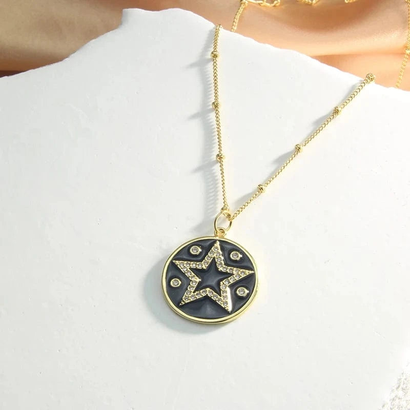 Fashionable Brass Star Moon Pendant Necklaces Elegant Cubic Zirconia Round Party Jewelry For Women Star of David Enamel Chain