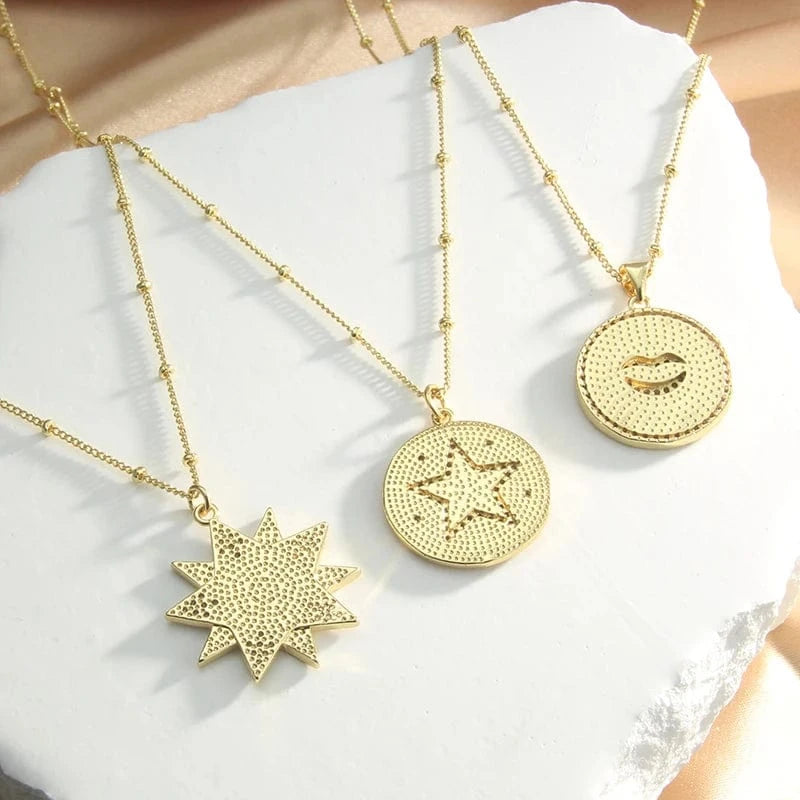 Fashionable Brass Star Moon Pendant Necklaces Elegant Cubic Zirconia Round Party Jewelry For Women Star of David Enamel Chain