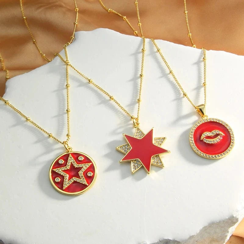 Fashionable Brass Star Moon Pendant Necklaces Elegant Cubic Zirconia Round Party Jewelry For Women Star of David Enamel Chain