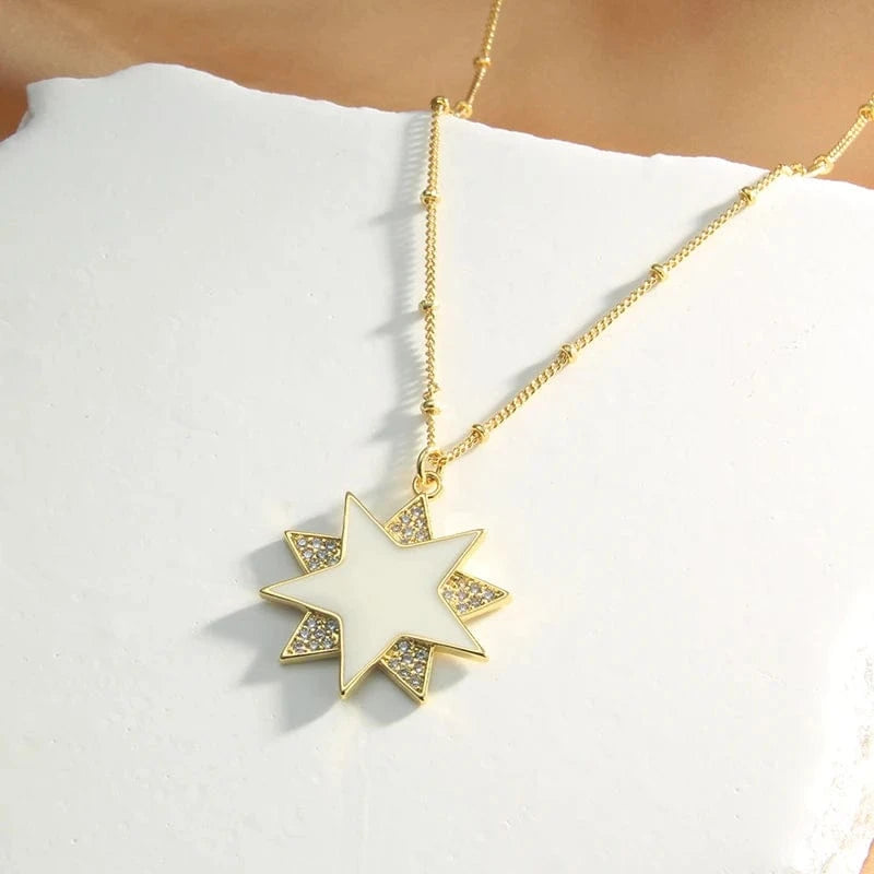 Fashionable Brass Star Moon Pendant Necklaces Elegant Cubic Zirconia Round Party Jewelry For Women Star of David Enamel Chain