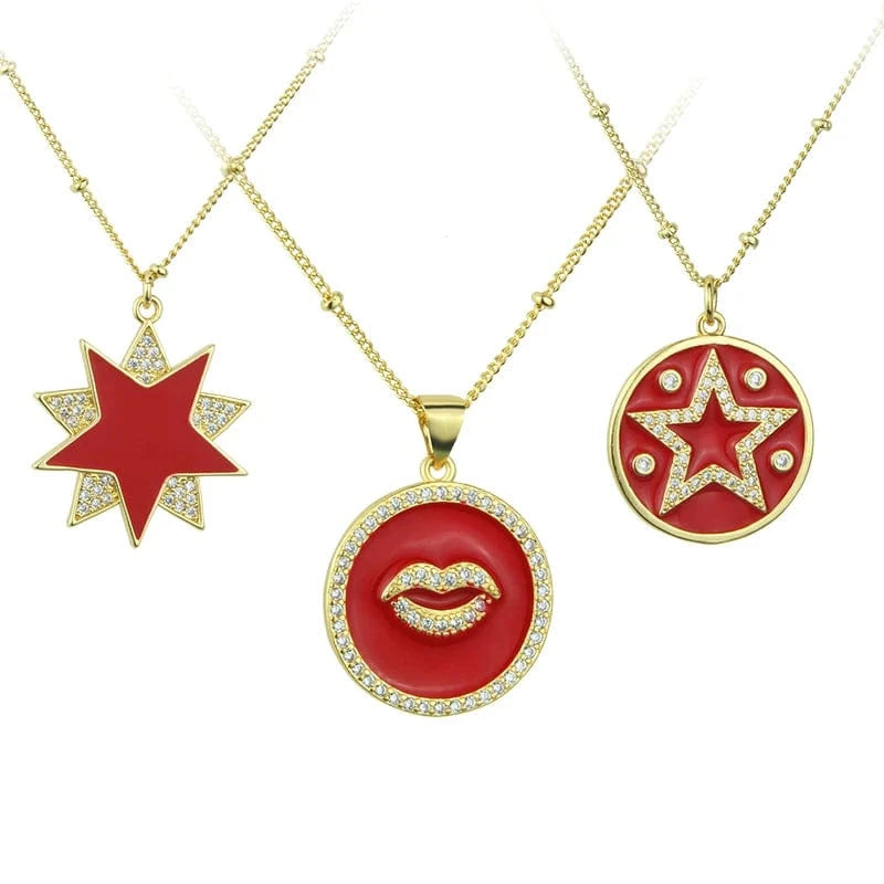 Fashionable Brass Star Moon Pendant Necklaces Elegant Cubic Zirconia Round Party Jewelry For Women Star of David Enamel Chain