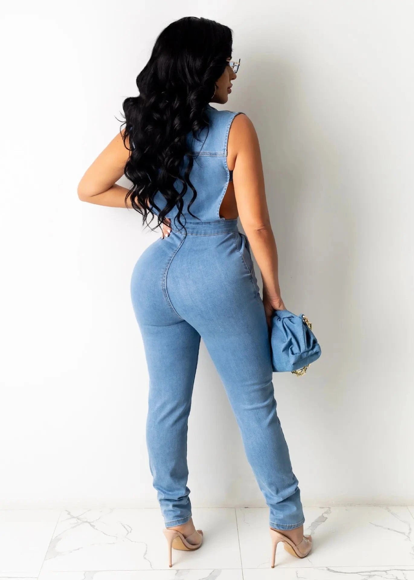 Fashionable Denim Decorate Bodysuits Lady Women Jumpsuit Plus Size Clothing