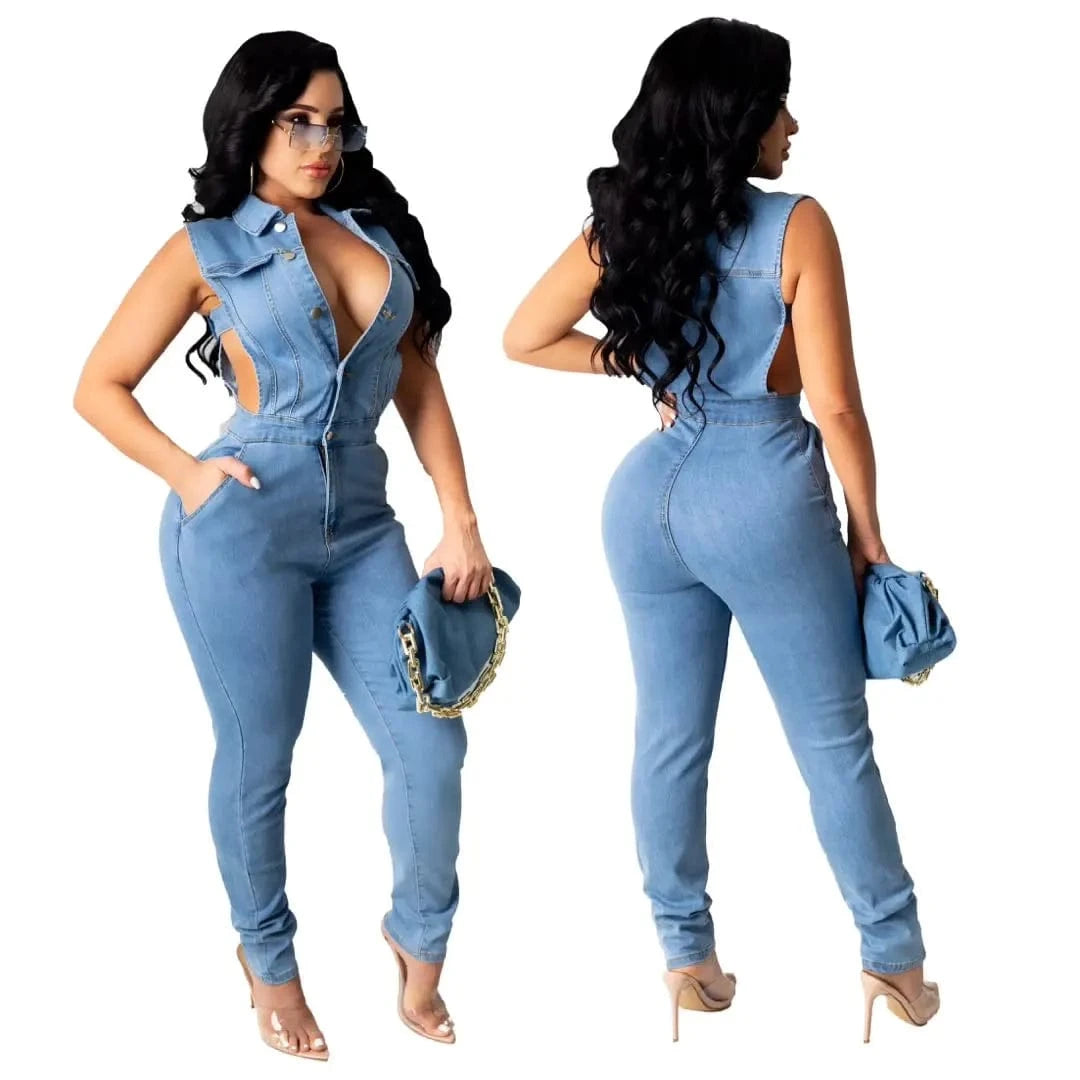 Fashionable Denim Decorate Bodysuits Lady Women Jumpsuit Plus Size Clothing