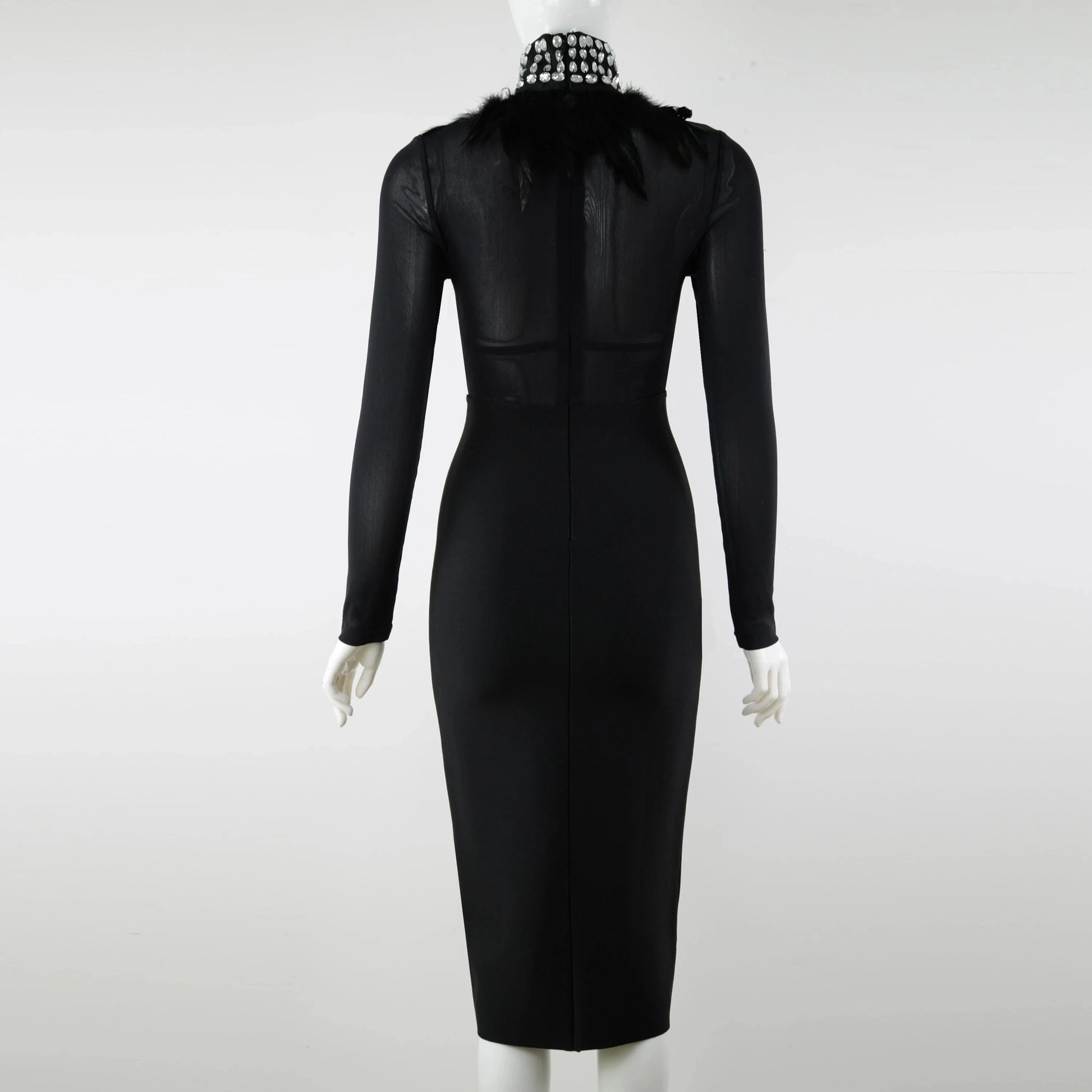Fashionable Elegant Transparent Diamond High neck Evening Women Dress Long Sleeve Feather Dress Midi Dress