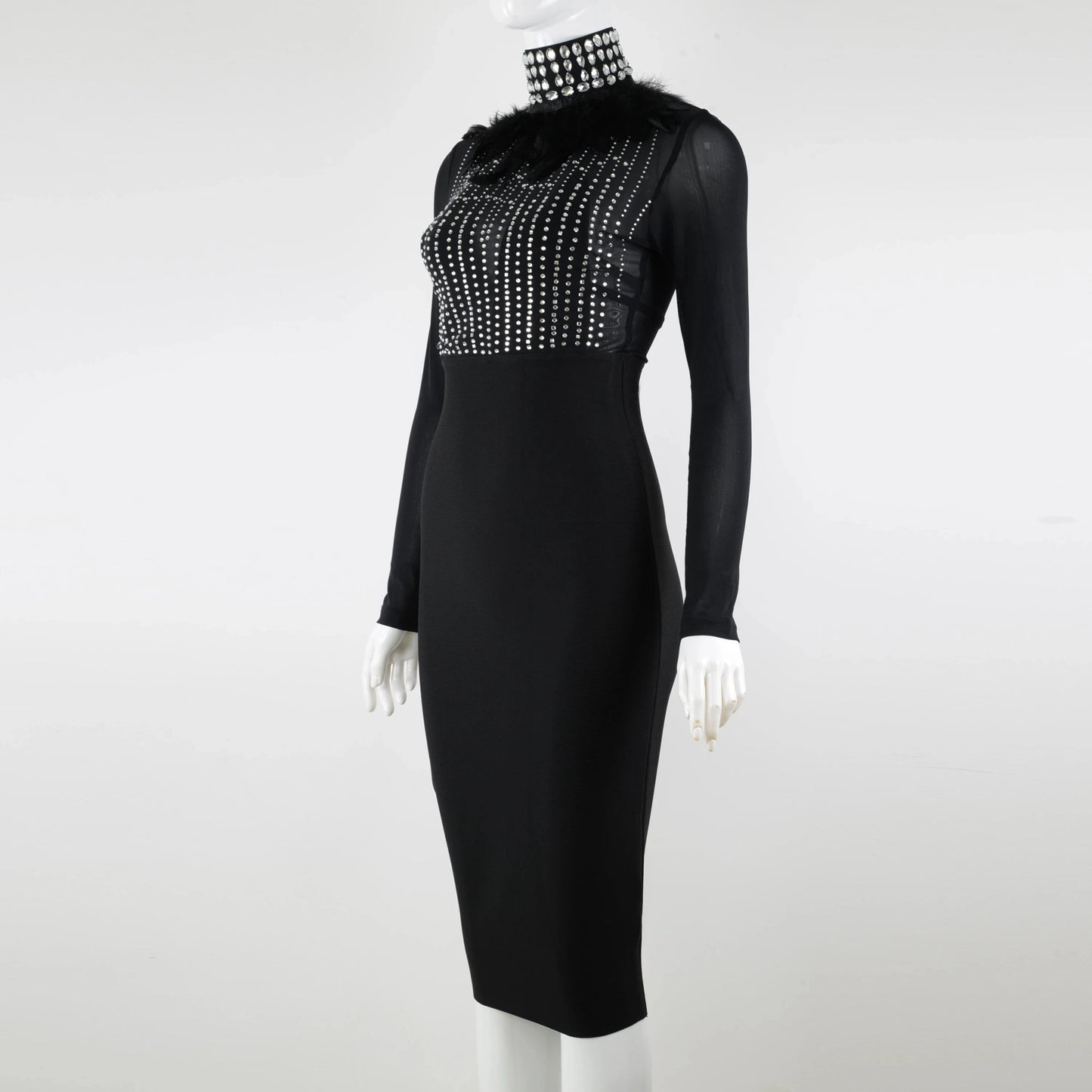 Fashionable Elegant Transparent Diamond High neck Evening Women Dress Long Sleeve Feather Dress Midi Dress