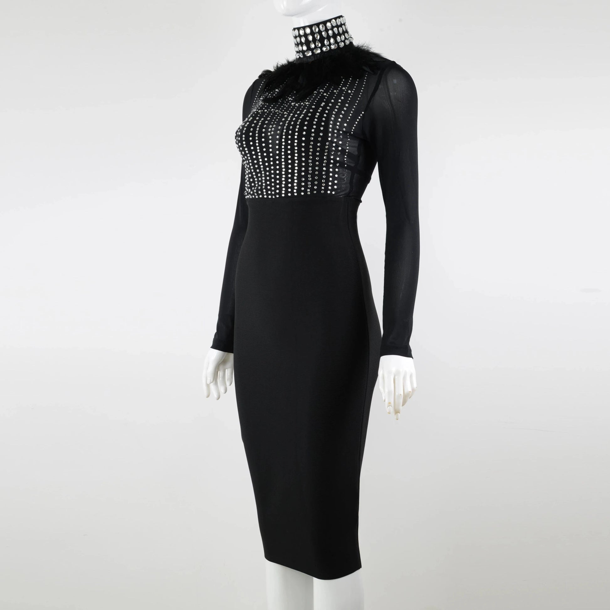 Fashionable Elegant Transparent Diamond High neck Evening Women Dress Long Sleeve Feather Dress Midi Dress