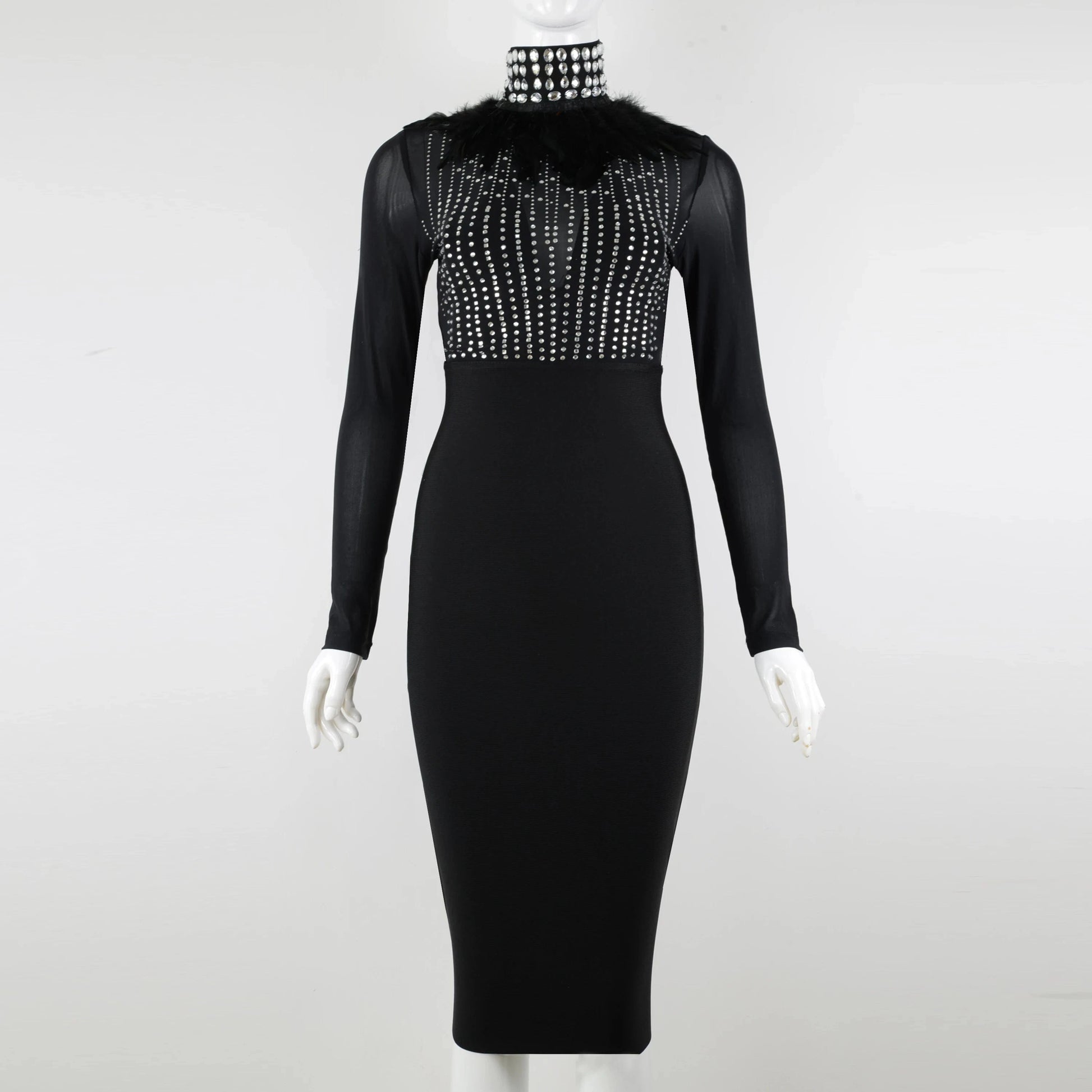 Fashionable Elegant Transparent Diamond High neck Evening Women Dress Long Sleeve Feather Dress Midi Dress