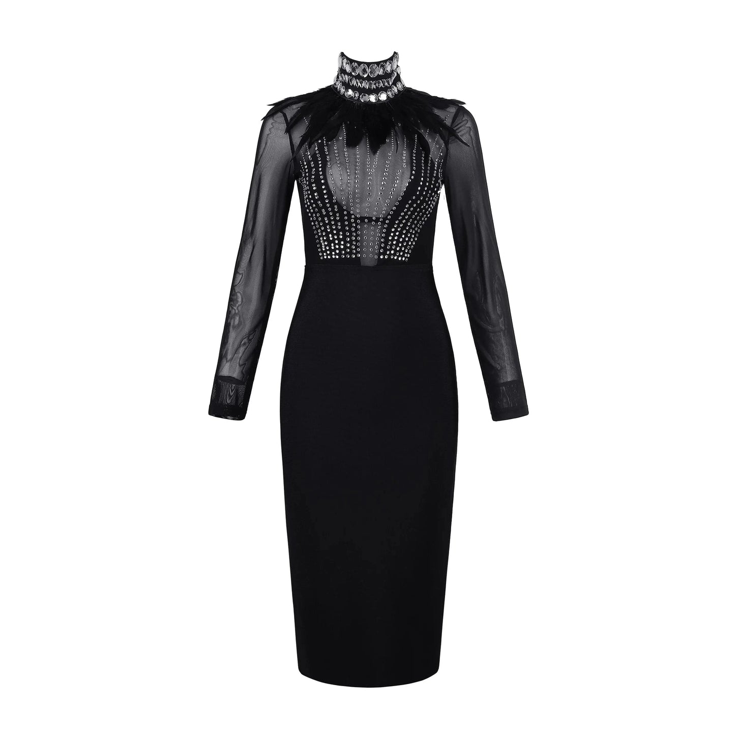 Fashionable Elegant Transparent Diamond High neck Evening Women Dress Long Sleeve Feather Dress Midi Dress