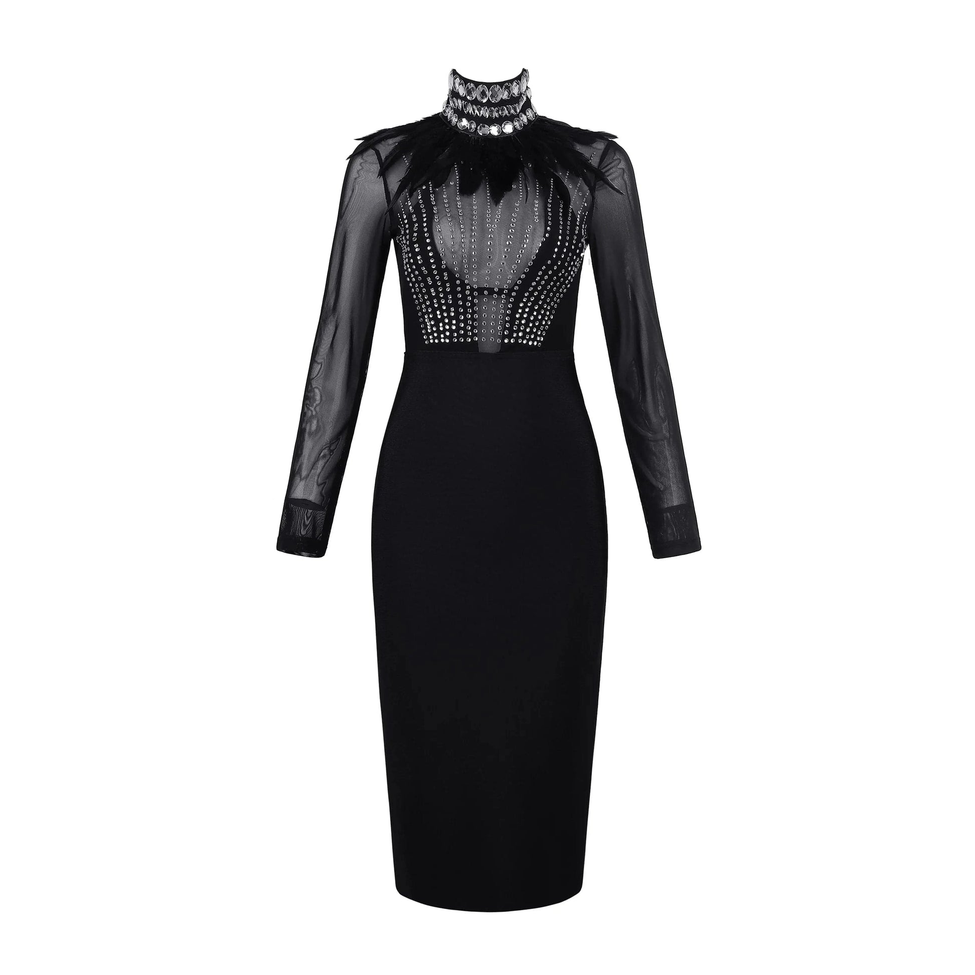 Fashionable Elegant Transparent Diamond High neck Evening Women Dress Long Sleeve Feather Dress Midi Dress