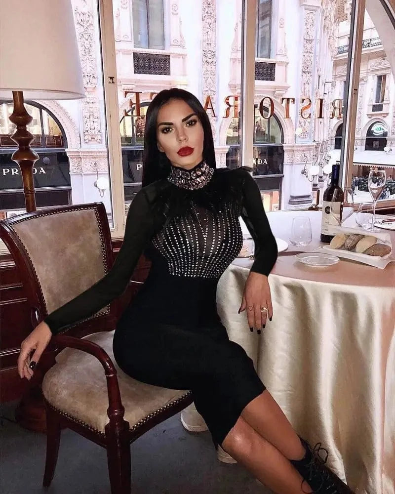 Fashionable Elegant Transparent Diamond High neck Evening Women Dress Long Sleeve Feather Dress Midi Dress