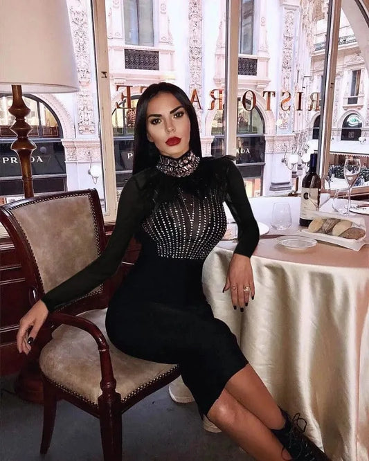 Fashionable Elegant Transparent Diamond High neck Evening Women Dress Long Sleeve Feather Dress Midi Dress