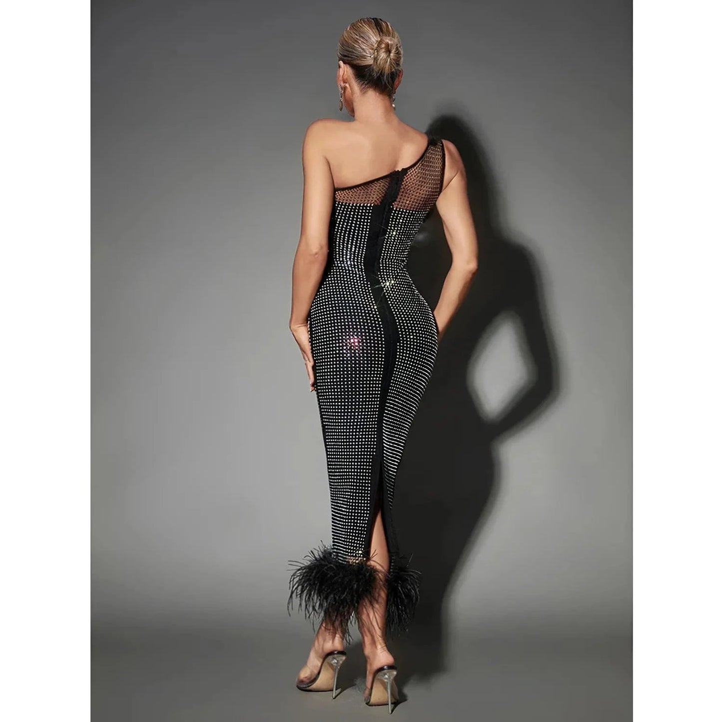 Fashionable One Shoulder Mesh Perspective Diamond Embedding Dress 2024 New Solid Color Long Plush Spliced Sexy Dresses
