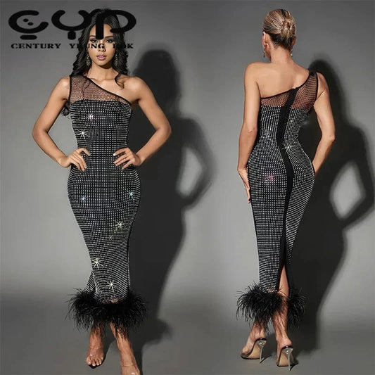 Fashionable One Shoulder Mesh Perspective Diamond Embedding Dress 2024 New Solid Color Long Plush Spliced Sexy Dresses