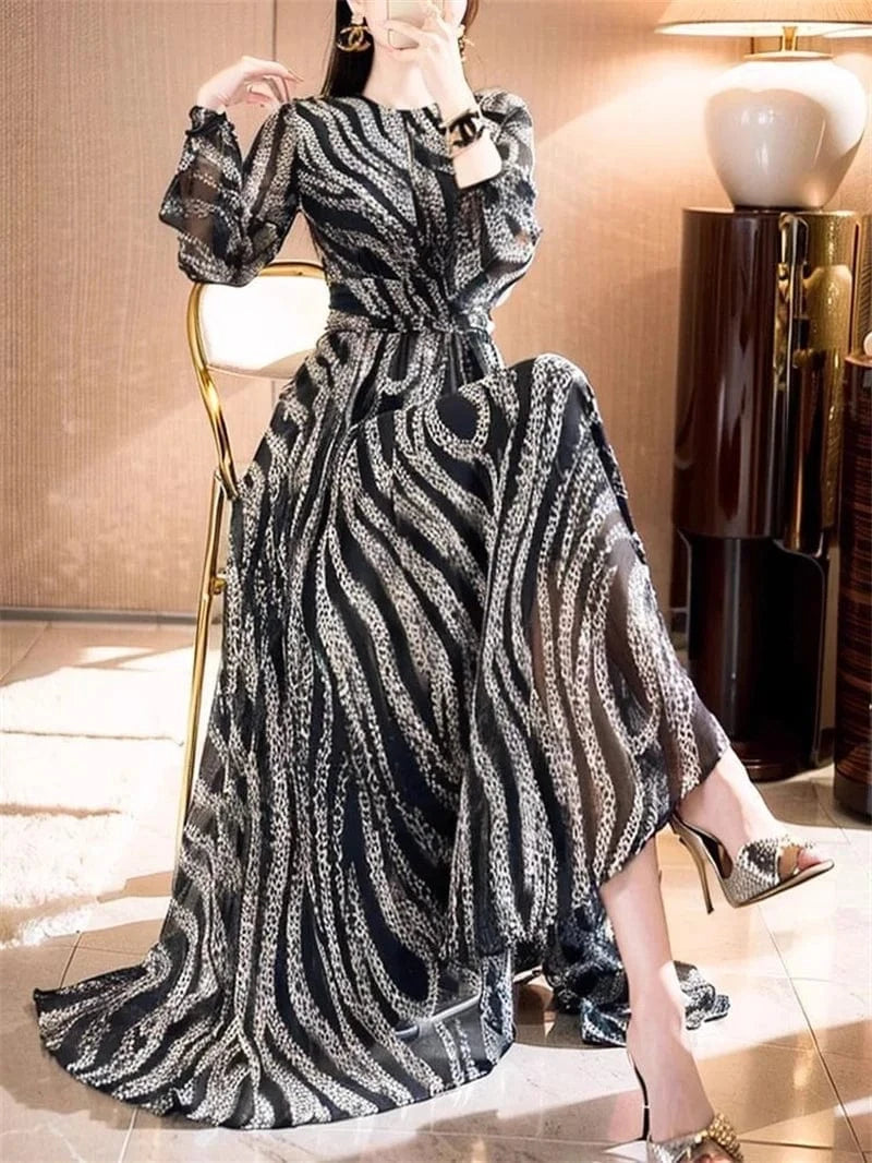 Fashionable Temperament Elegant Socialite Waist Cinching Big Swing Long Skirt Vnique Beautiful Mature Mature Queen Print Dress