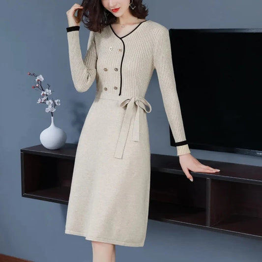 Fashionable women autumn new arrival v neck long sleeve loose waist with belt button decorative women sweater dress