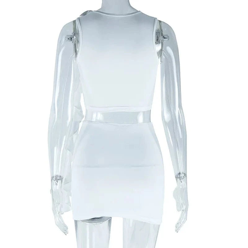 Fashional Design Solid Color O Neck Women Skirt Set Two Piece Fitness Crop Tank Top And Mini Skirt Set With Flower