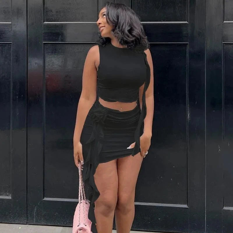 Fashional Design Solid Color O Neck Women Skirt Set Two Piece Fitness Crop Tank Top And Mini Skirt Set With Flower