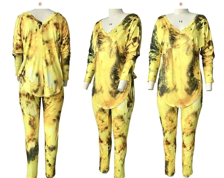 Fat Clothes Joggers Over Sized V-Neck T Shirt Womens Party Tie Dye Long Sleeve Two Piece Sweatshirt Track Suit Set