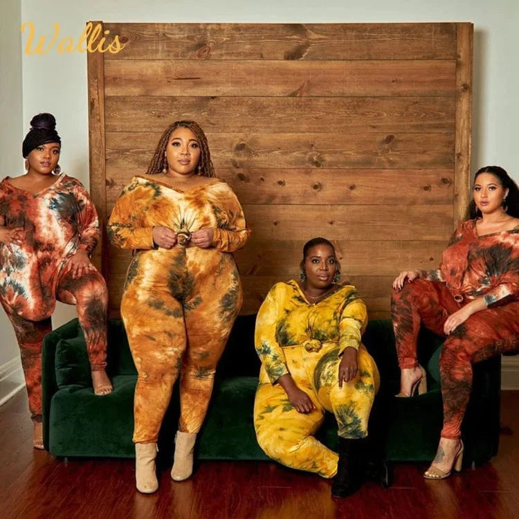 Fat Clothes Joggers Over Sized V-Neck T Shirt Womens Party Tie Dye Long Sleeve Two Piece Sweatshirt Track Suit Set