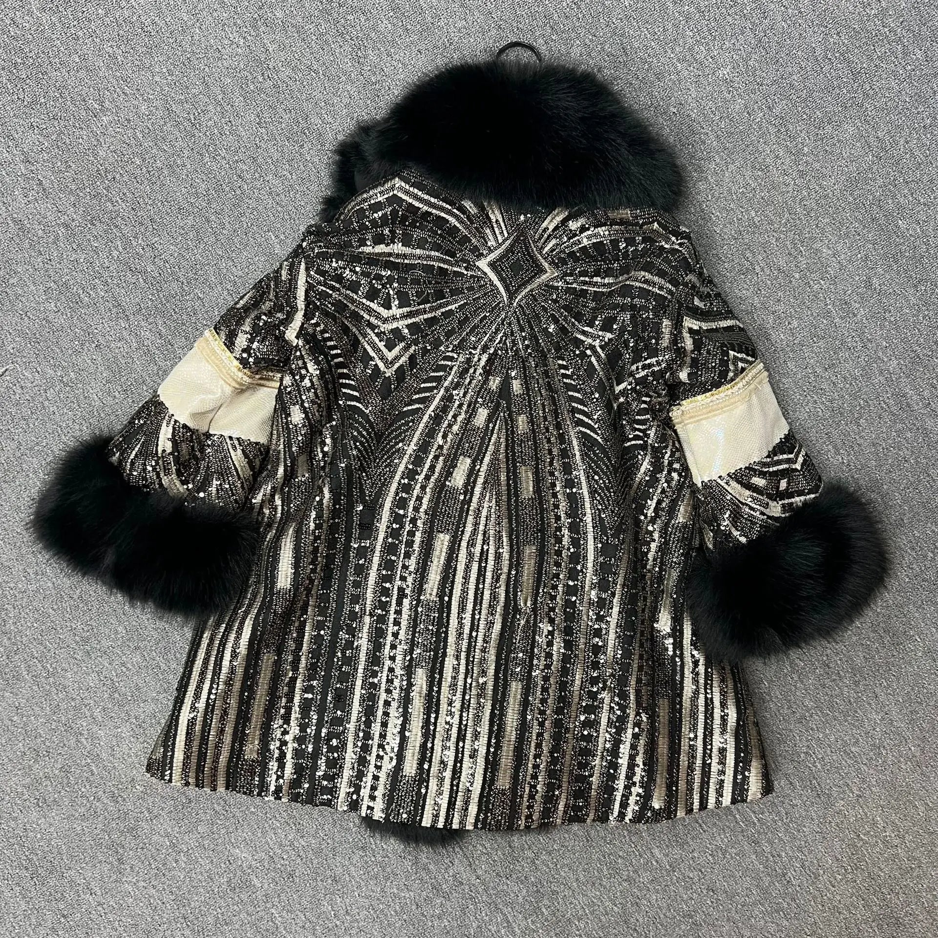 Faux Fox Fur Coat With Sequined Fur Collar Korean Style Winter Jacket For Glam Nights - SN Wigs & More