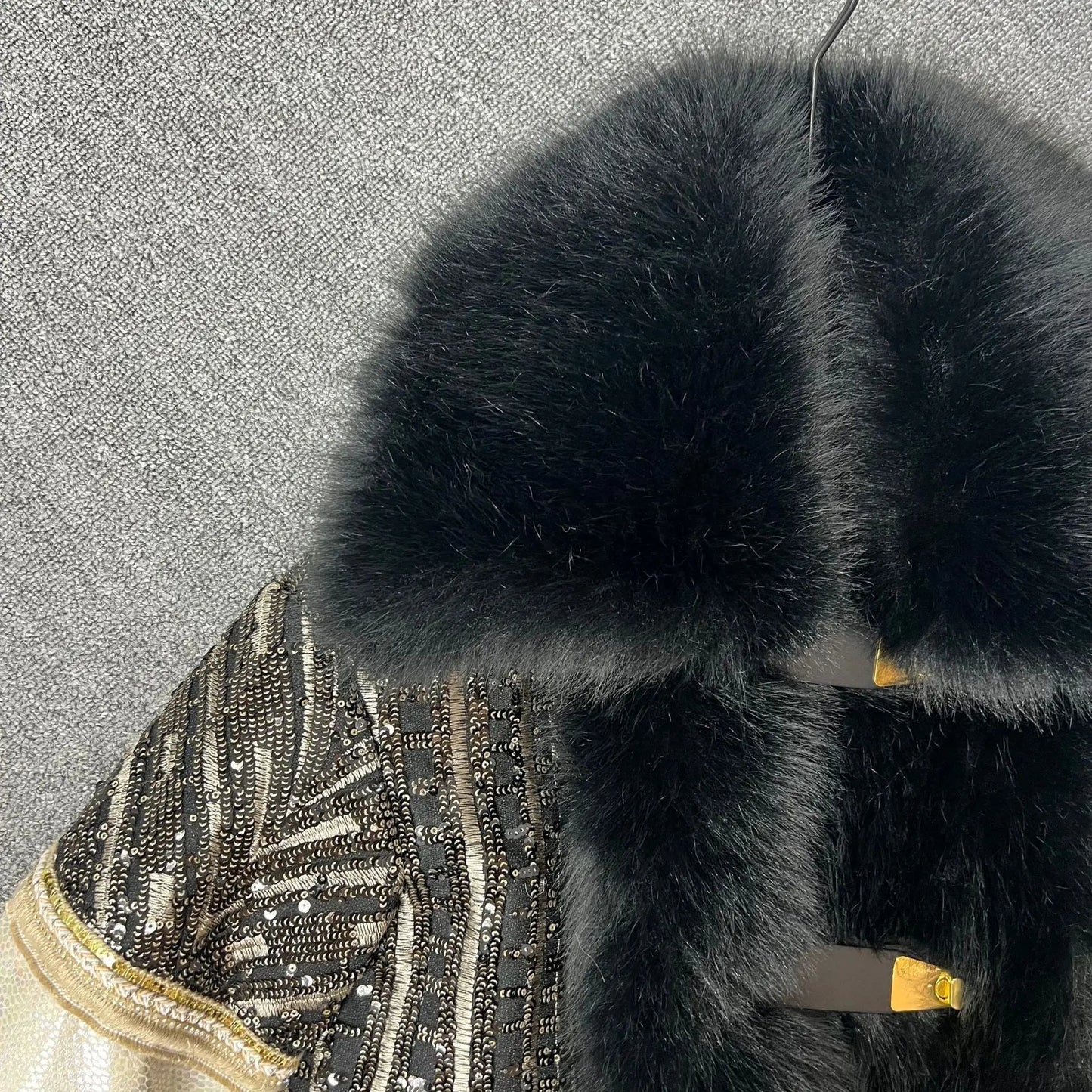Faux Fox Fur Coat With Sequined Fur Collar Korean Style Winter Jacket For Glam Nights - SN Wigs & More