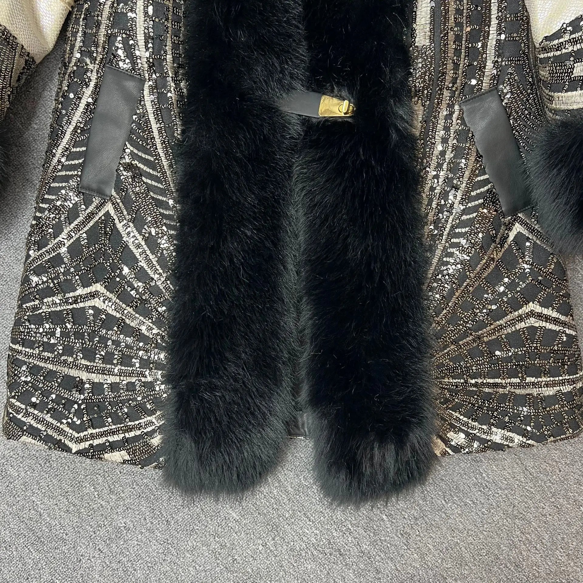 Faux Fox Fur Coat With Sequined Fur Collar Korean Style Winter Jacket For Glam Nights - SN Wigs & More
