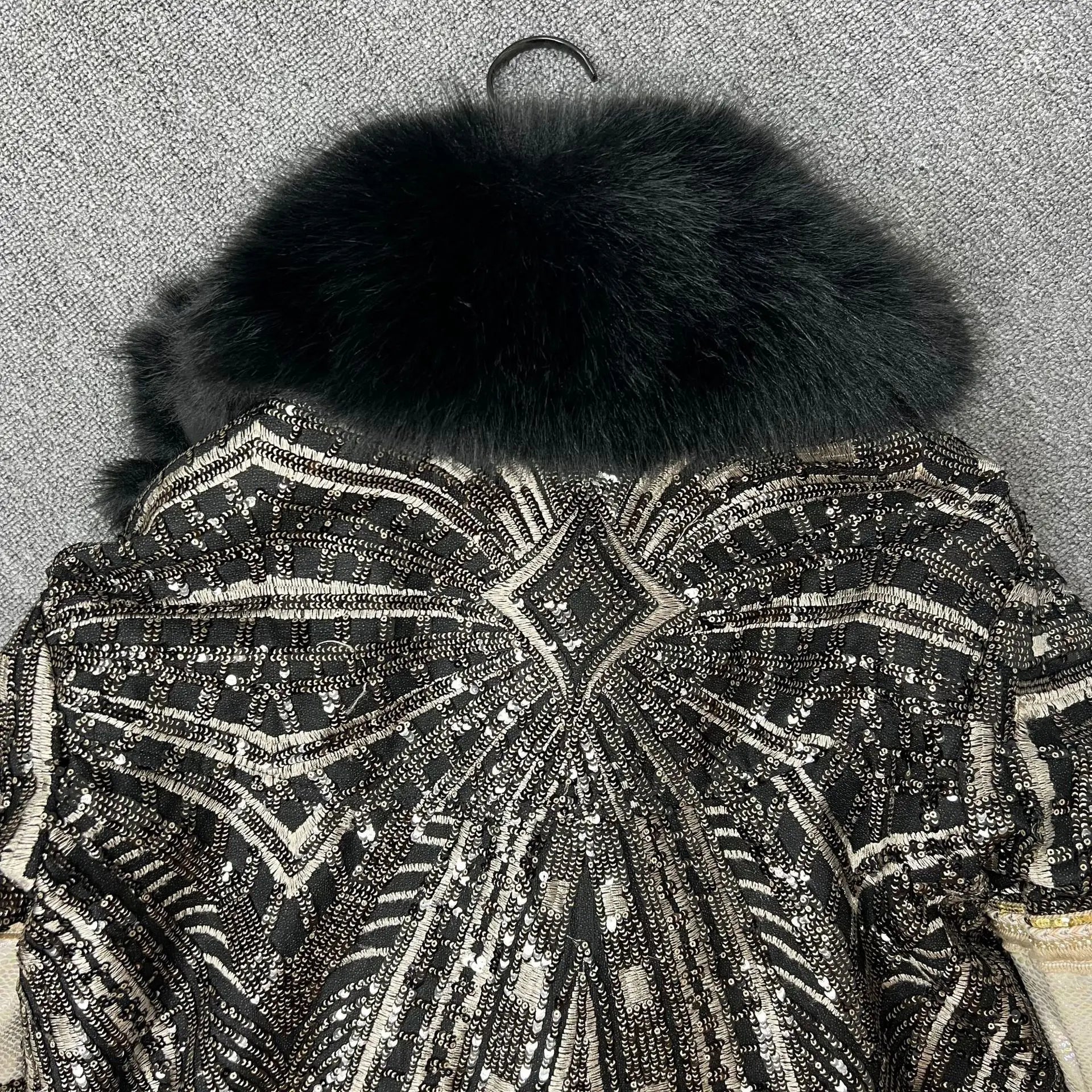 Faux Fox Fur Coat With Sequined Fur Collar Korean Style Winter Jacket For Glam Nights - SN Wigs & More