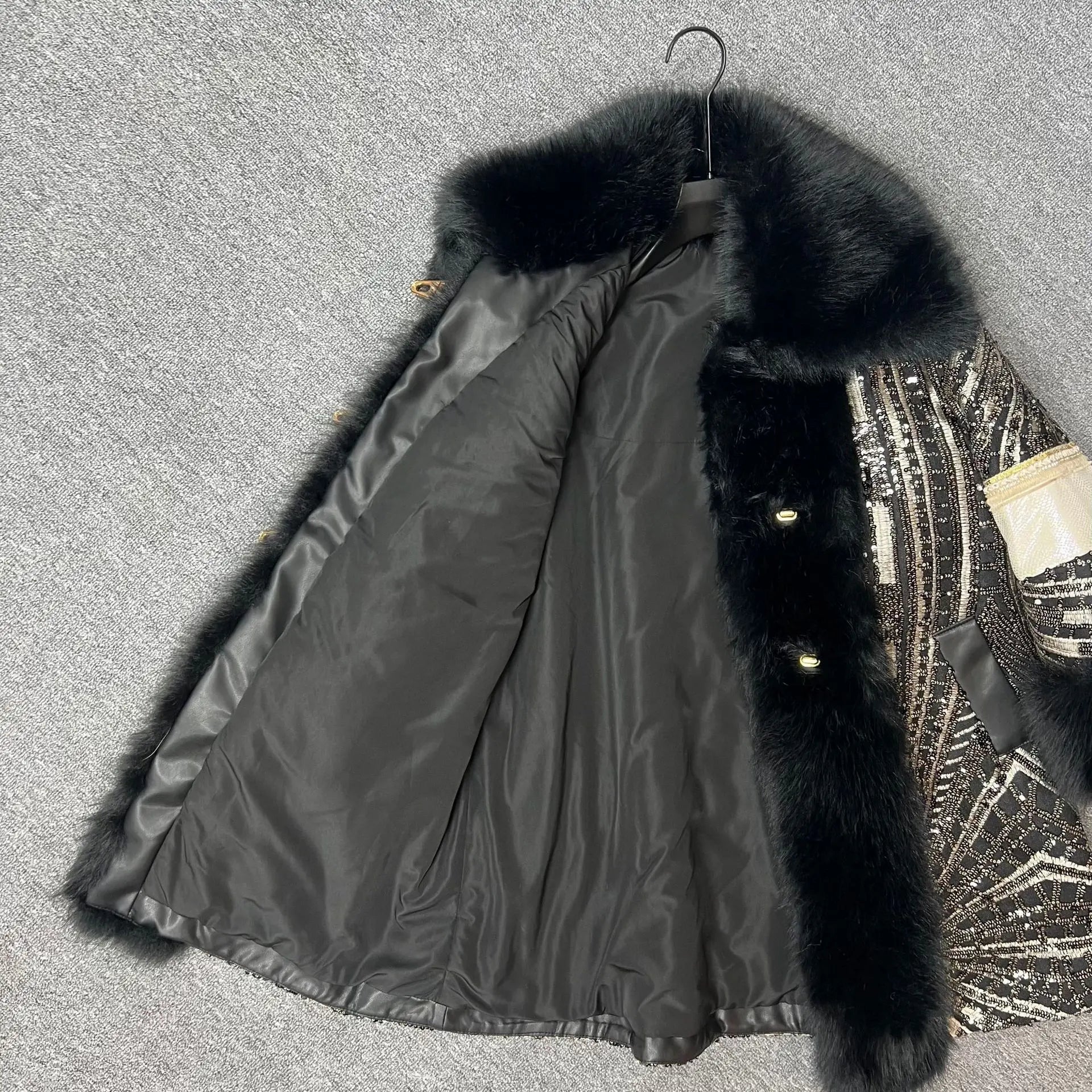 Faux Fox Fur Coat With Sequined Fur Collar Korean Style Winter Jacket For Glam Nights - SN Wigs & More