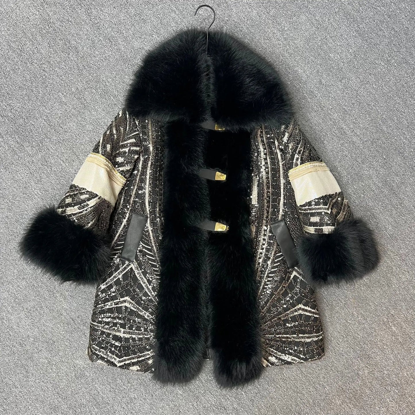 Faux Fox Fur Coat With Sequined Fur Collar Korean Style Winter Jacket For Glam Nights - SN Wigs & More