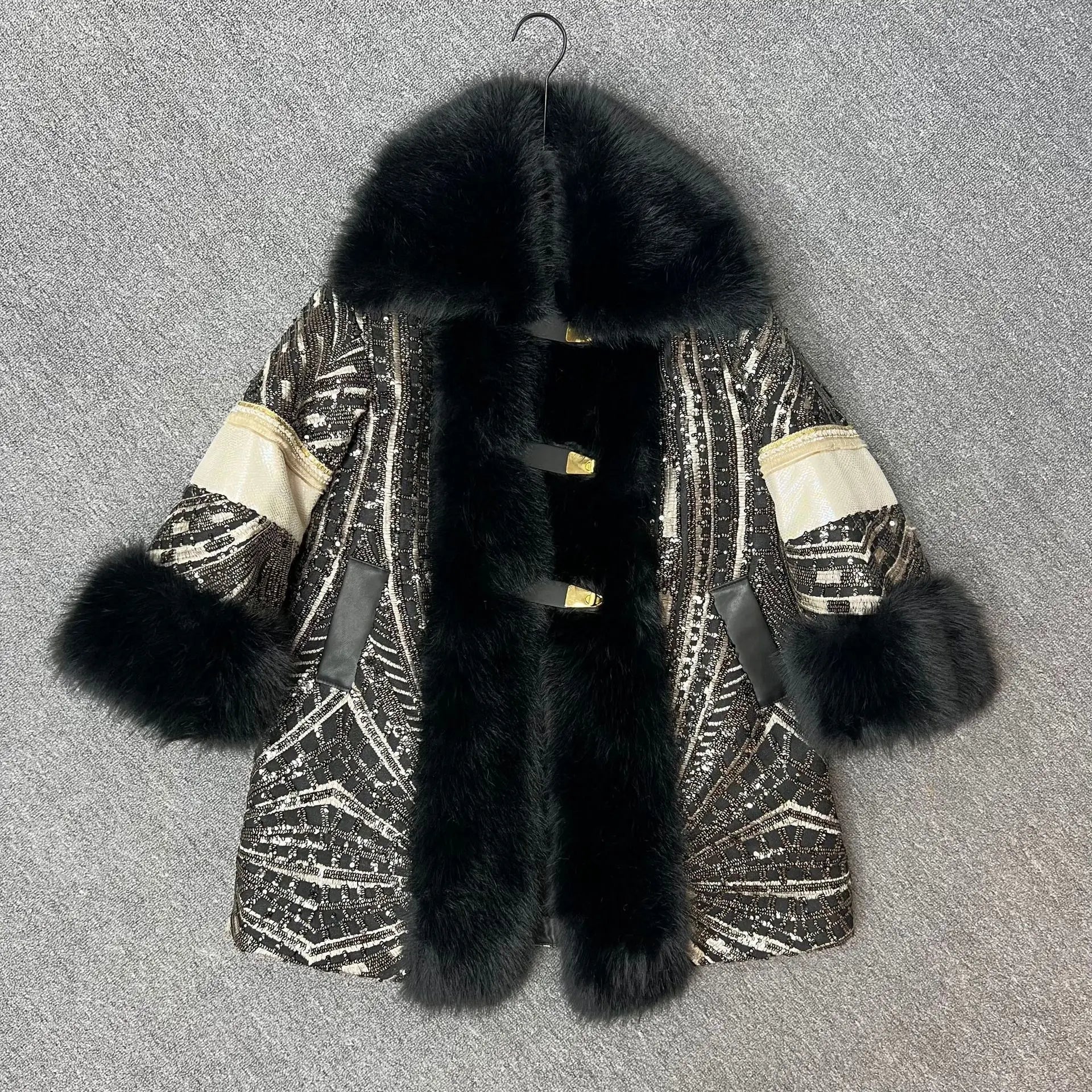 Faux Fox Fur Coat With Sequined Fur Collar Korean Style Winter Jacket For Glam Nights - SN Wigs & More