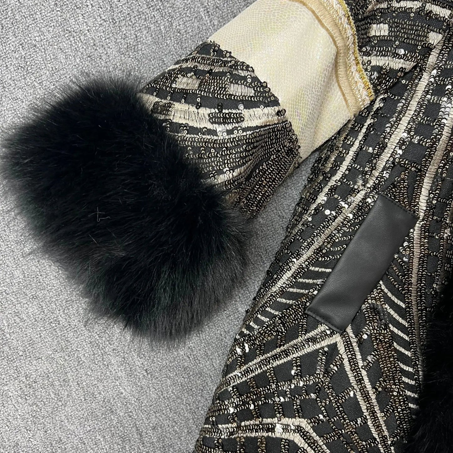 Faux Fox Fur Coat With Sequined Fur Collar Korean Style Winter Jacket For Glam Nights - SN Wigs & More